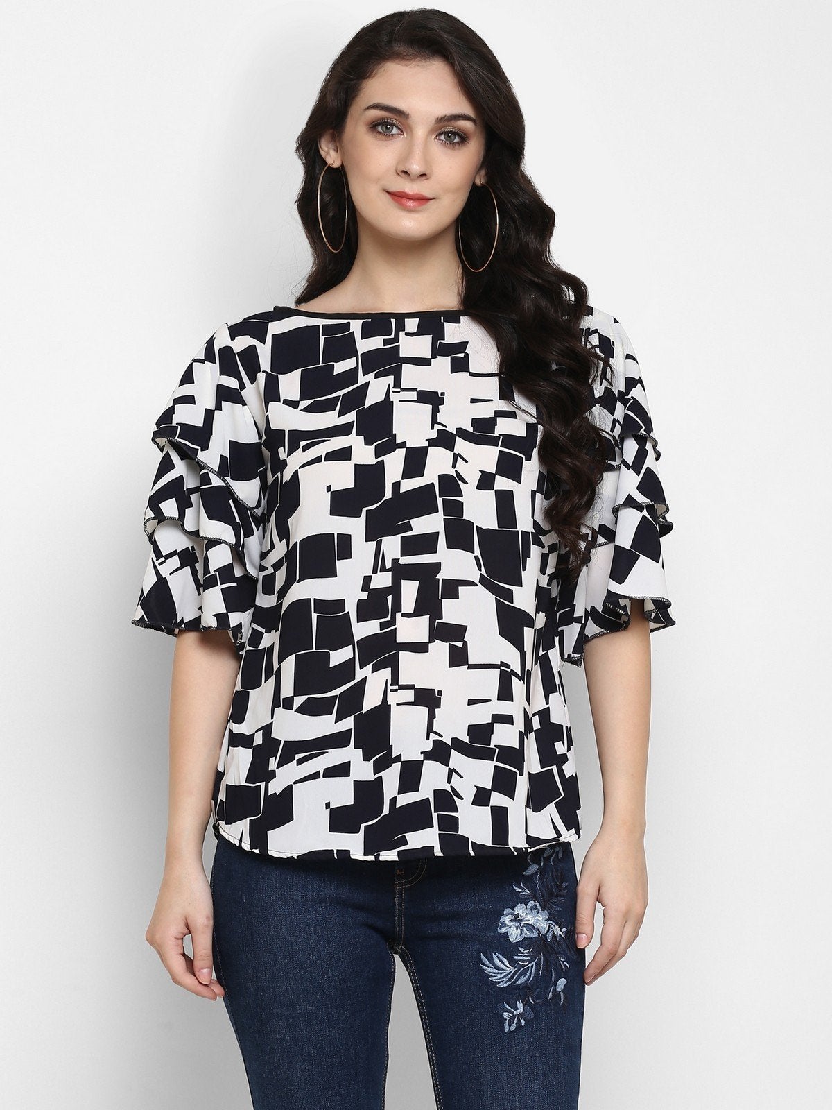 Women's Abstract Printed Triple Flared Sleeves Top - Pannkh