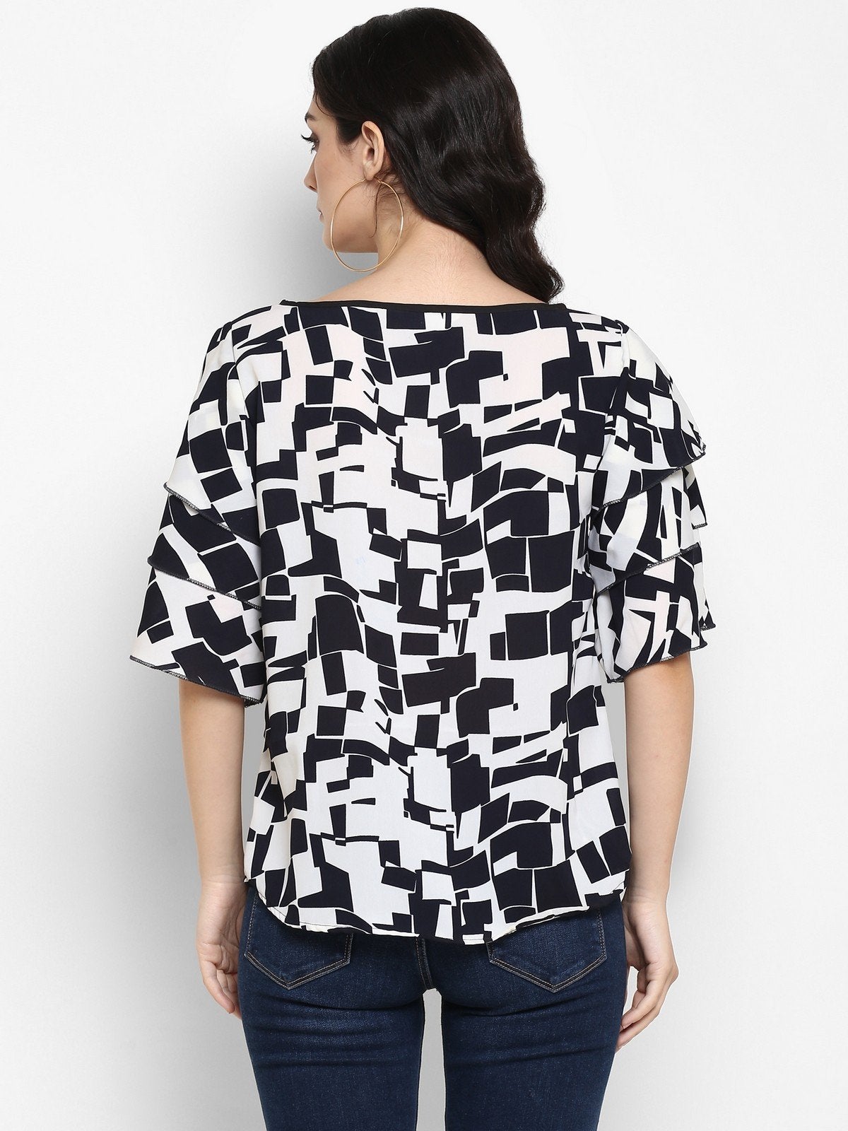 Women's Abstract Printed Triple Flared Sleeves Top - Pannkh
