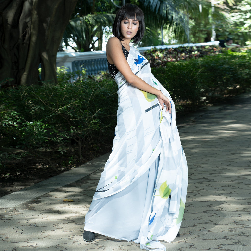 Women's Humming Birds Digital Printed Satin Georgette Saree