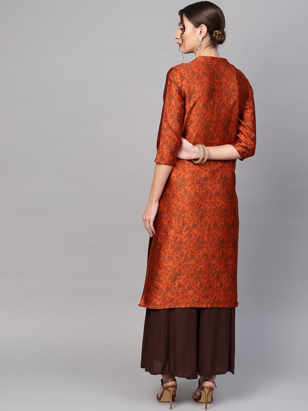 Women's  Orange & Brown Woven Design Brocade Reversible Straight Kurta - AKS