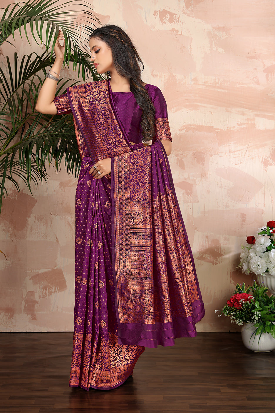 Women's Purple woven banarasi silk traditional saree
 - Monjolika