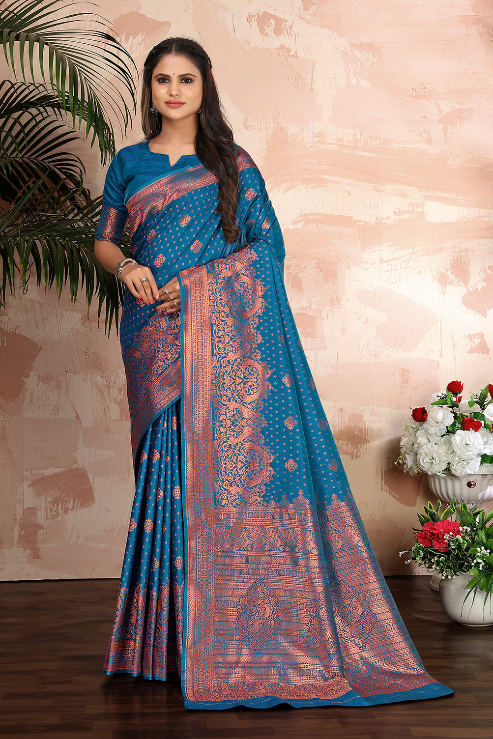 Women's Cobalt blue woven banarasi silk traditional saree
 - Monjolika