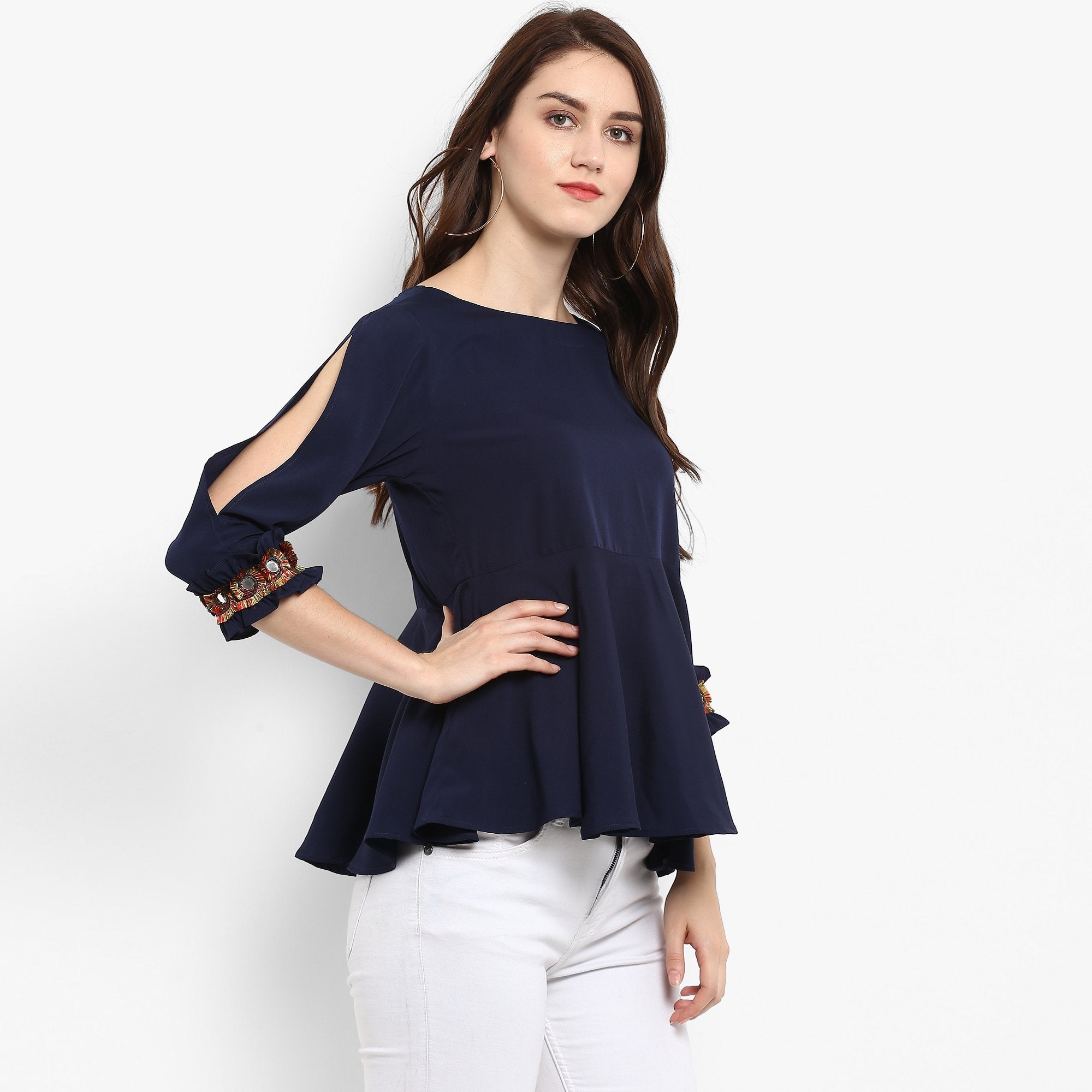 Women's Solid Peplum Top With Multi color Lace At The Sleeves - Pannkh