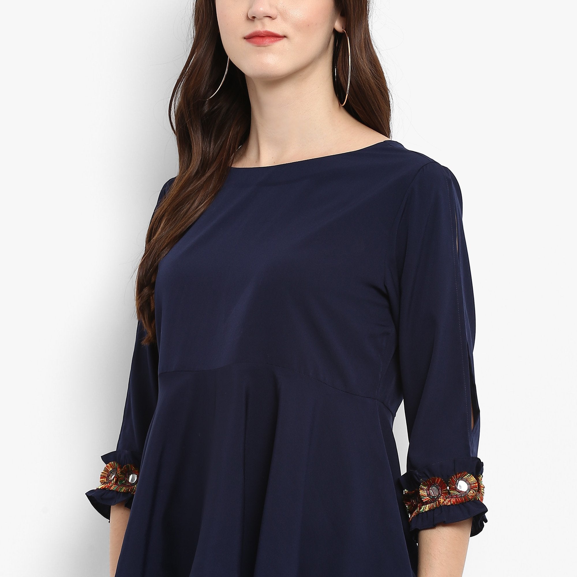 Women's Solid Peplum Top With Multi color Lace At The Sleeves - Pannkh