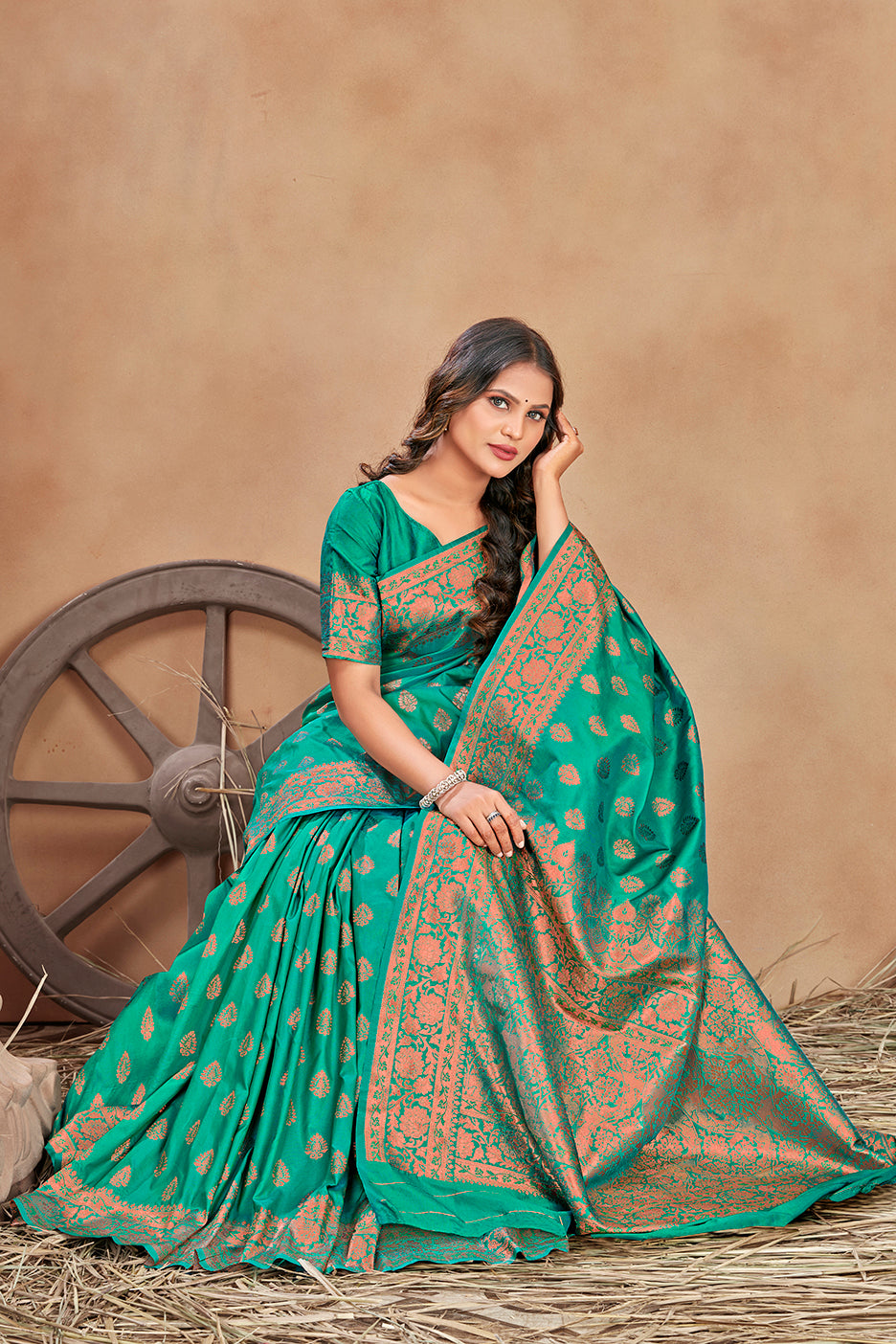 Women's Turquoise woven banarasi silk traditional saree
 - Monjolika