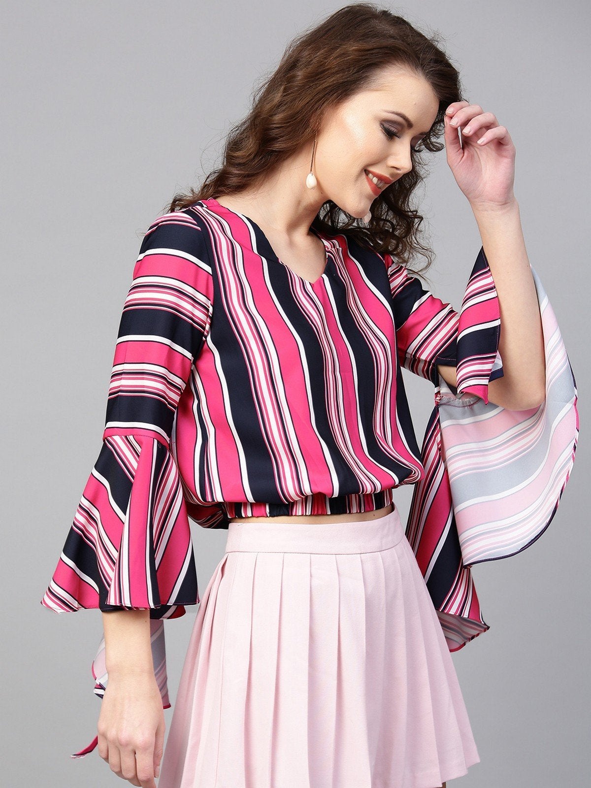Women's Printed Stripes Bell Sleeves Top - Pannkh