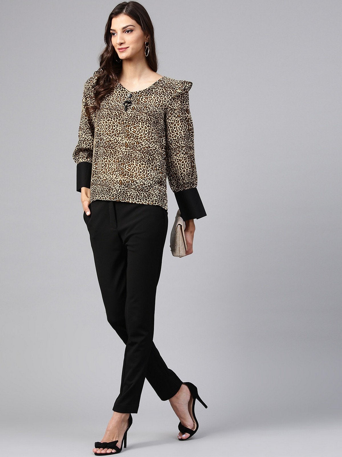 Women's Brown Animal Print Top With Neck Brotch - Pannkh