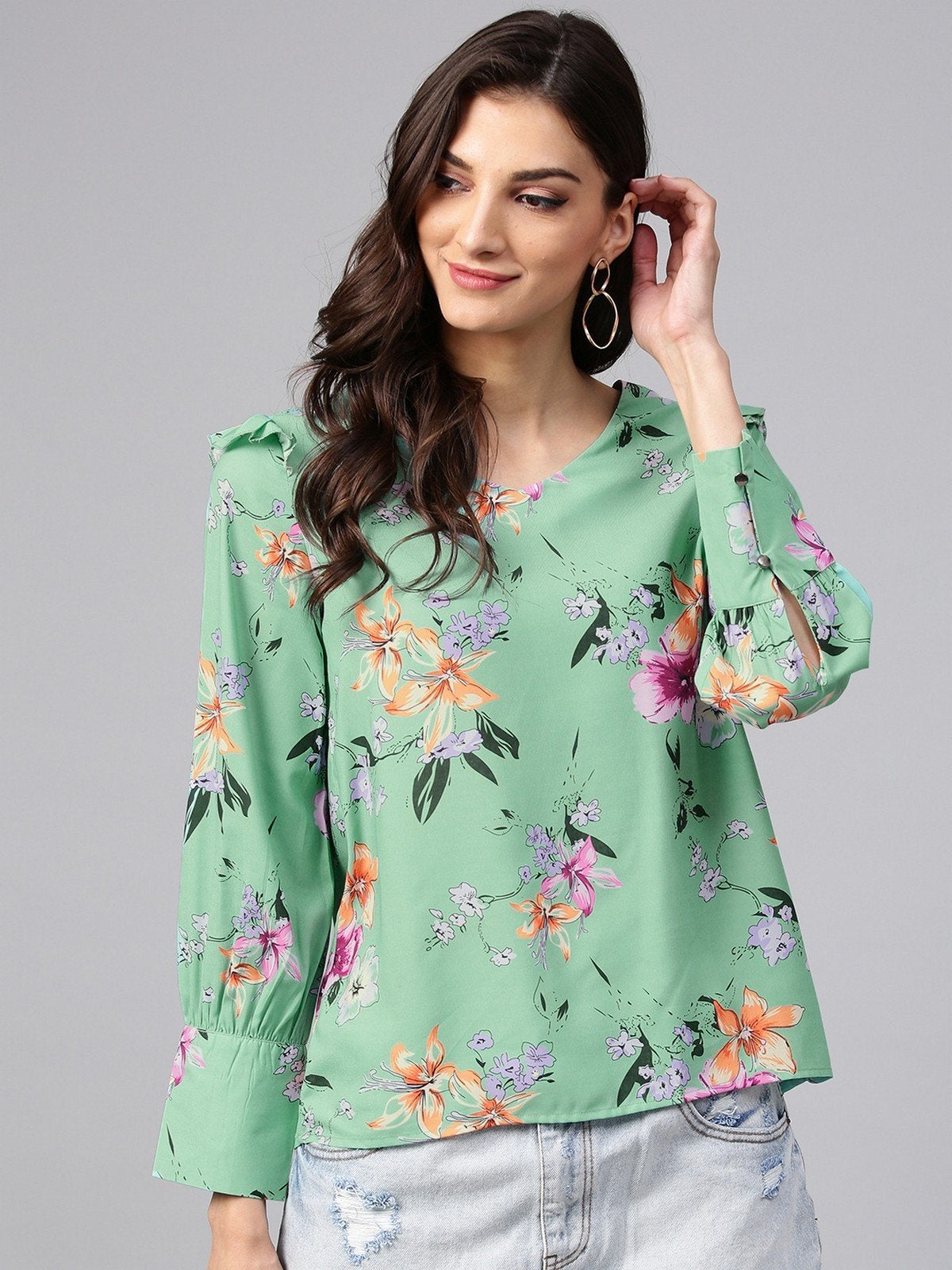 Women's Green Floral Print Top With Shoulder Ruffles - Pannkh