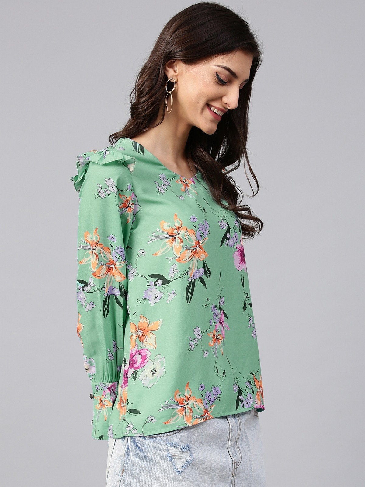 Women's Green Floral Print Top With Shoulder Ruffles - Pannkh