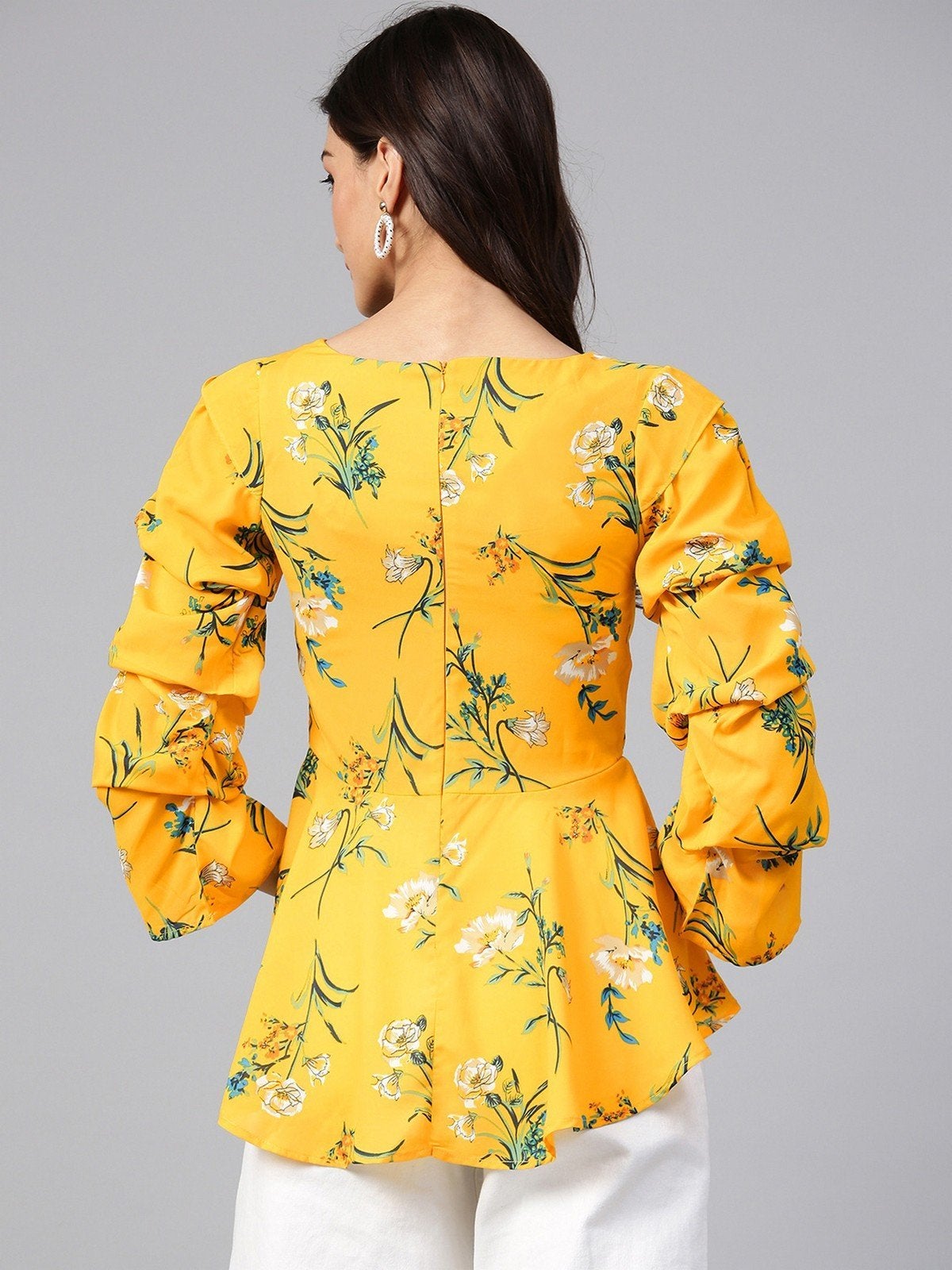 Women's Yellow Floral Printed Peplum Top - Pannkh