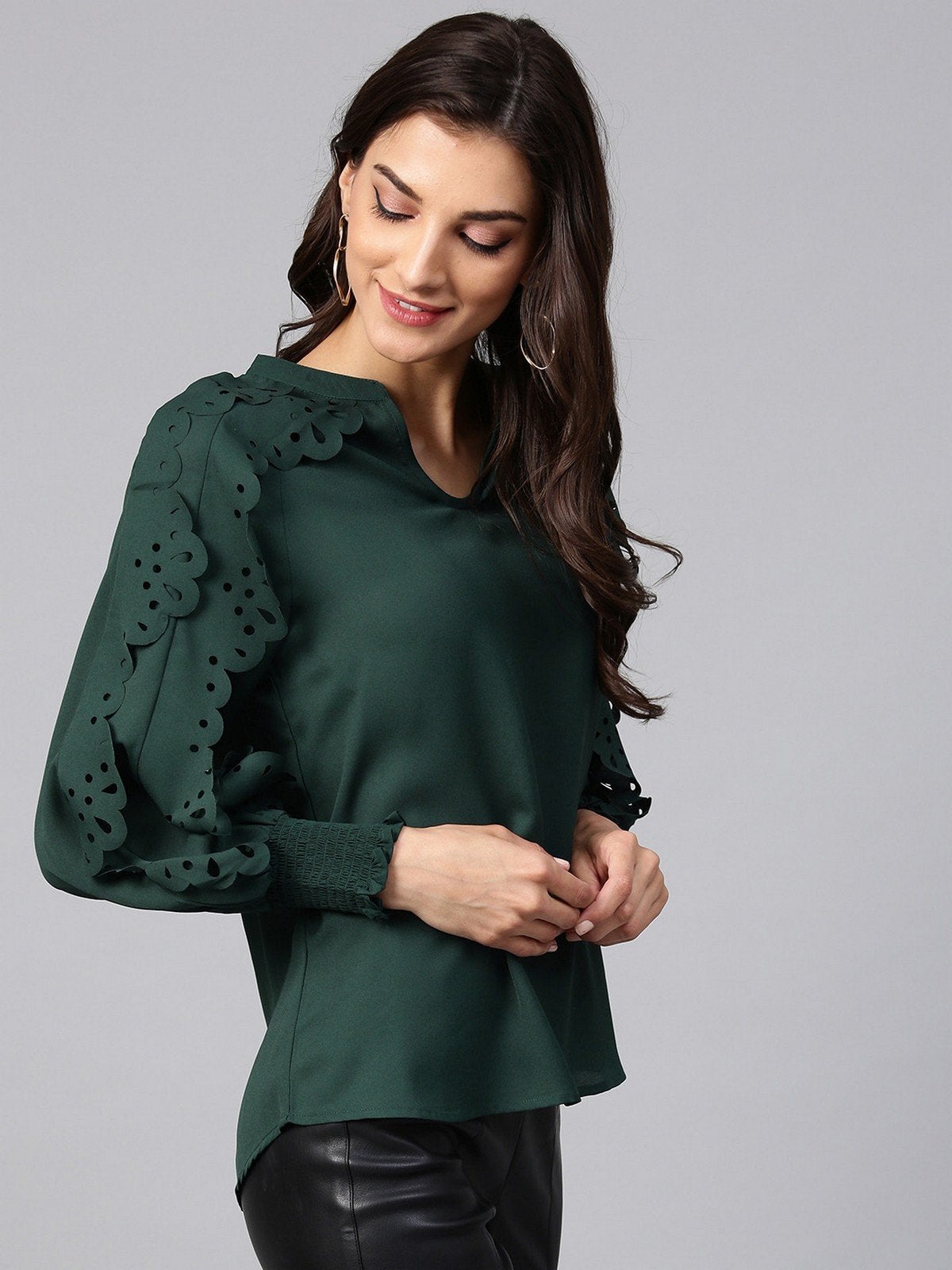 Women's Solid Top With Laser Cut Sleeves - Pannkh