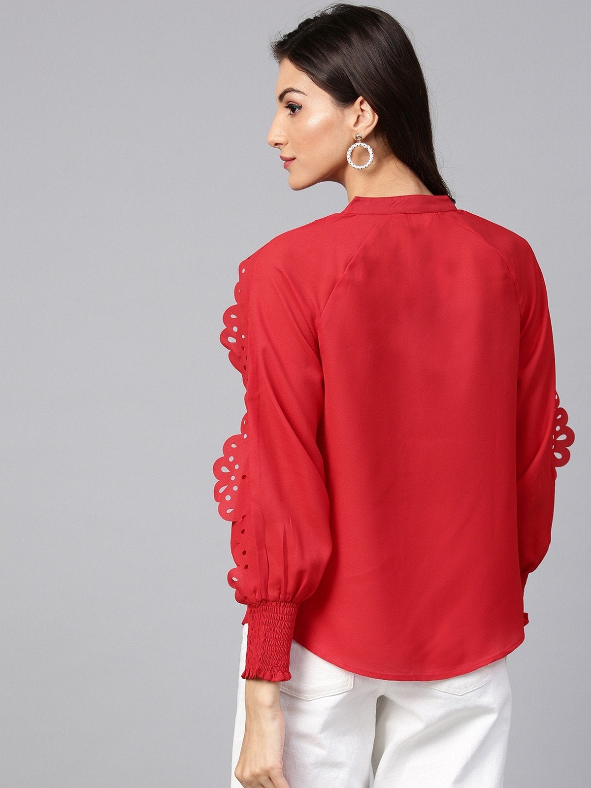 Women's Solid Top With Laser Cut Sleeves - Pannkh