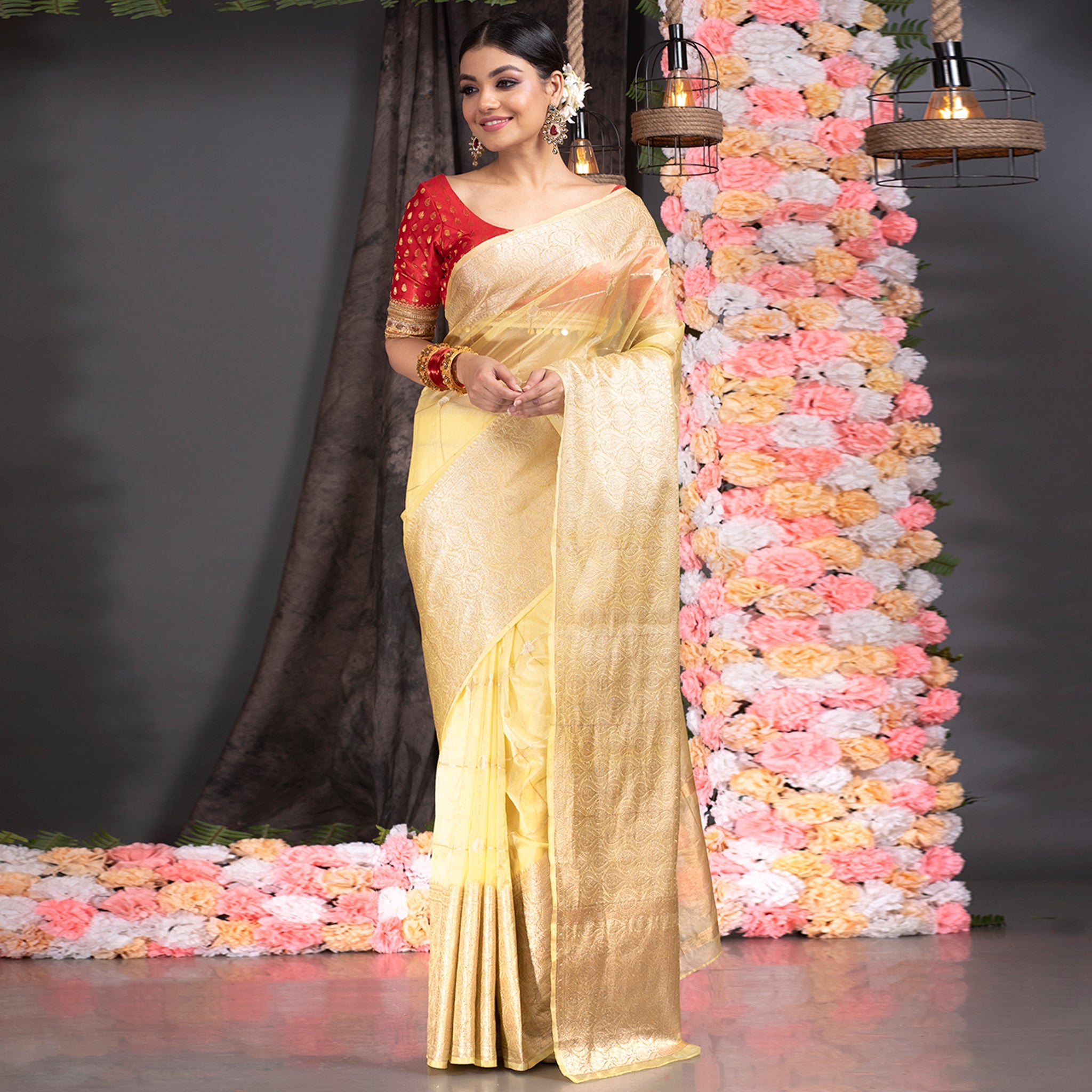Women's Yellow Organza Saree With Square Motifs And Ambi Jaal Border - Boveee