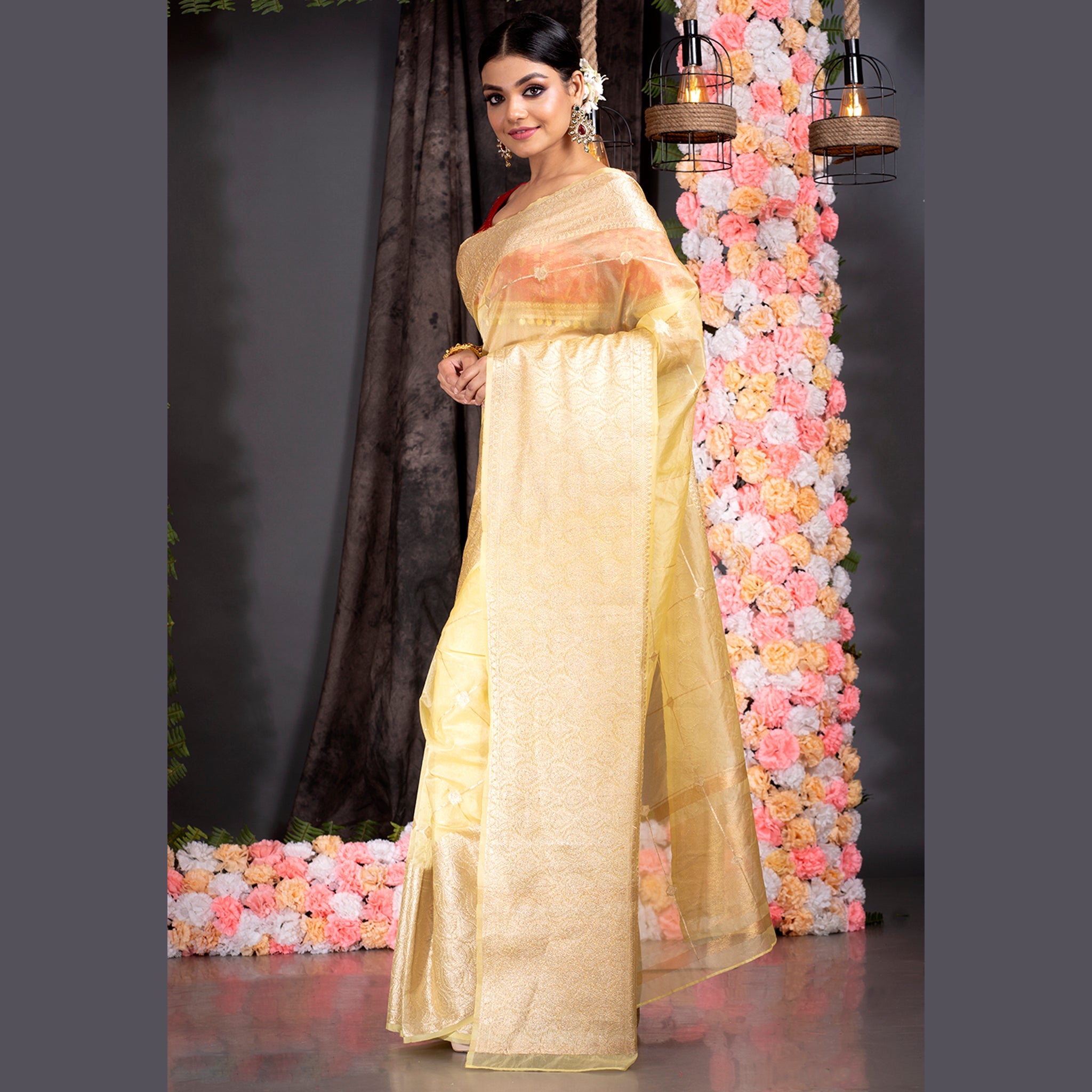 Women's Yellow Organza Saree With Square Motifs And Ambi Jaal Border - Boveee