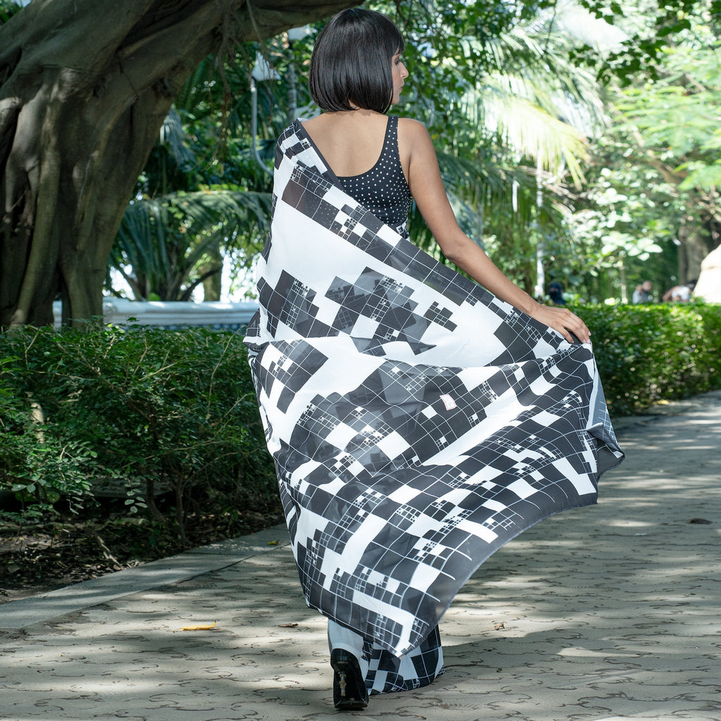 Women's Black Ice Digital Printed Satin Georgette Saree