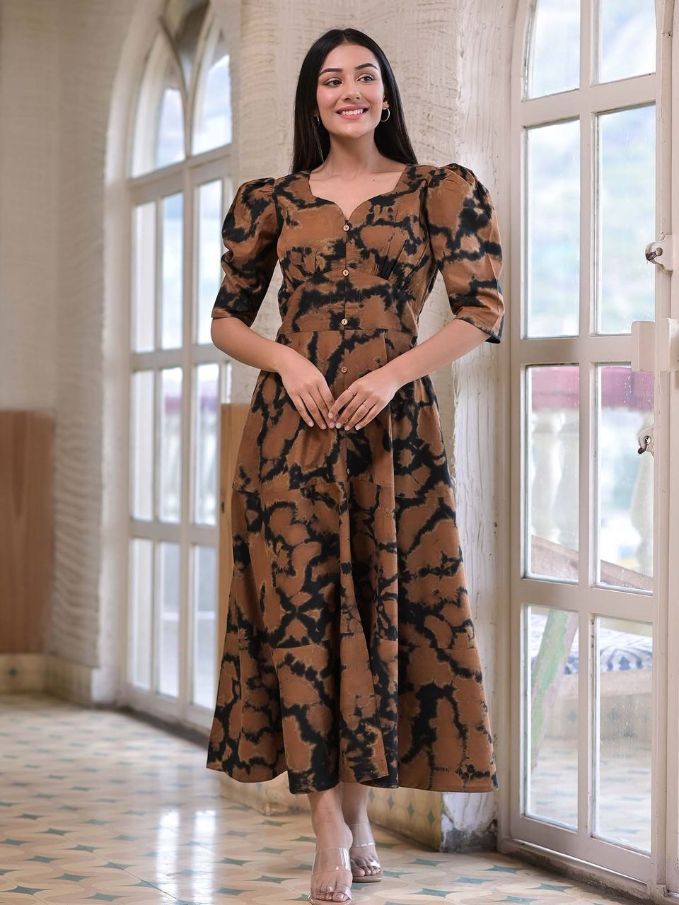Women's Brown & Black Tie Dye Cotton Dress - Hatheli