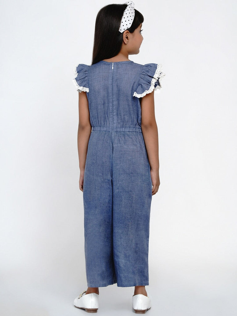 Girl's Blue & White Solid Basic Jumpsuit