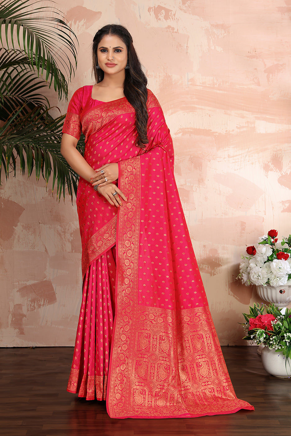 Women's Rani Pink Color Banarasi Silk Zari Work Saree
 - Monjolika