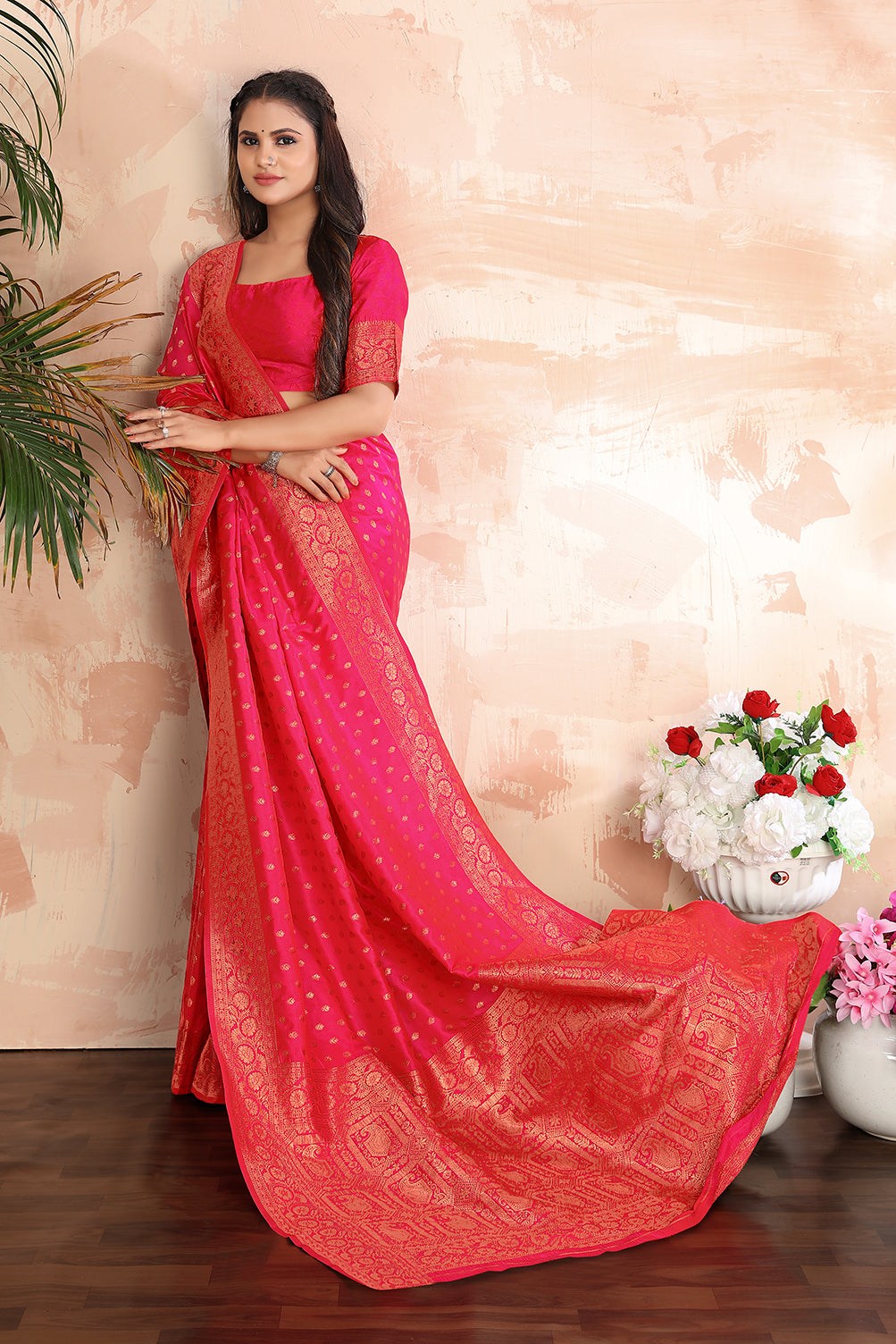 Women's Rani Pink Color Banarasi Silk Zari Work Saree
 - Monjolika