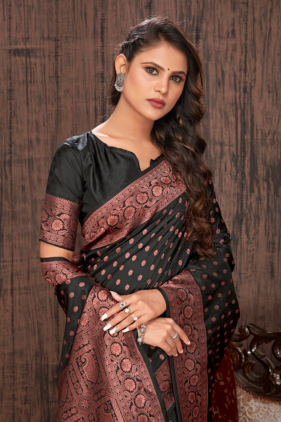 Women's Black Color Banarasi Silk Zari Work Saree
 - Monjolika