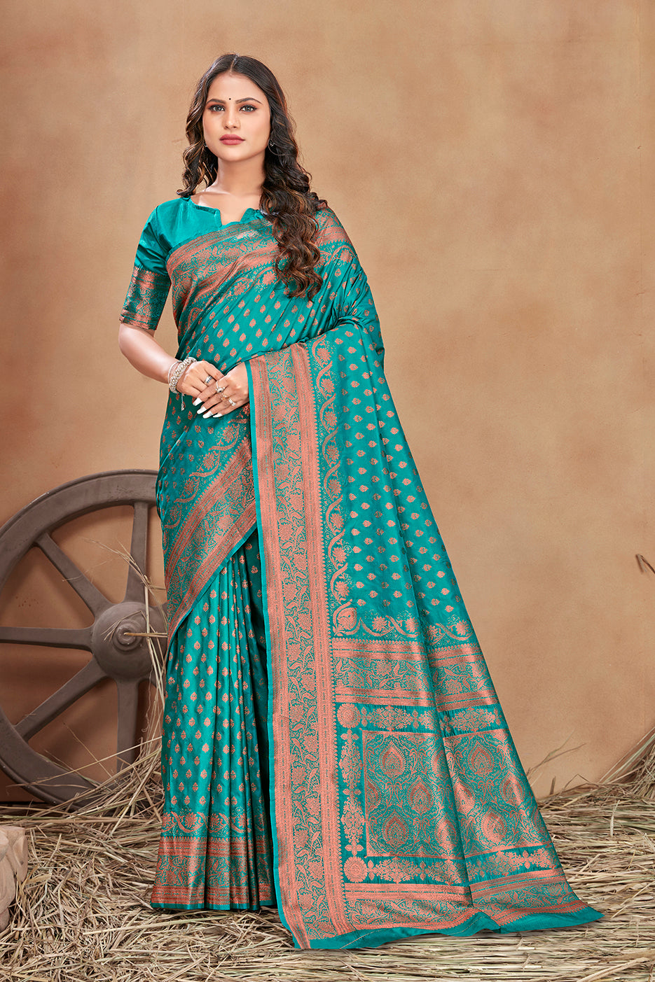 Women's Turquoise Color Banarasi Silk Zari Work Saree
 - Monjolika