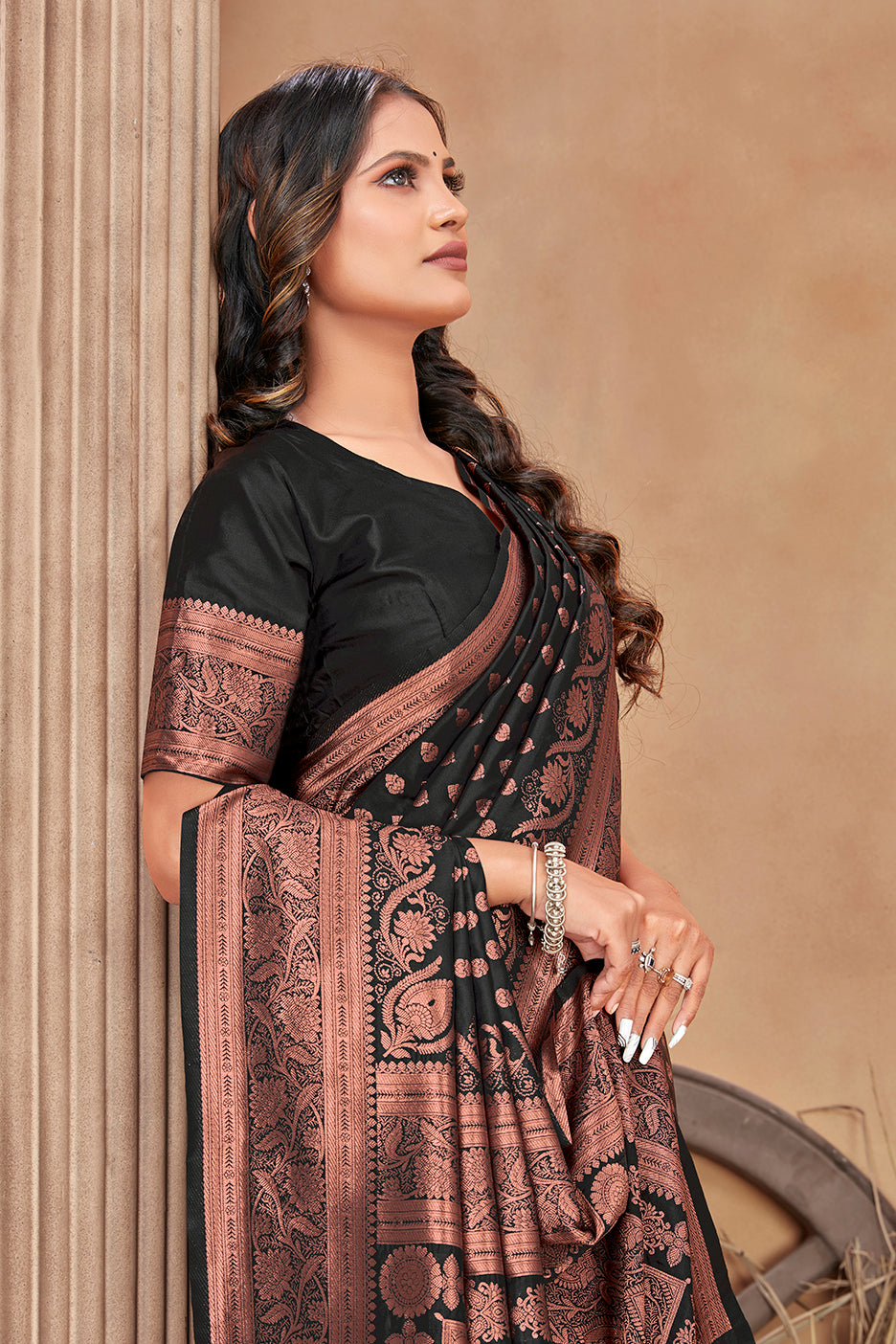 Women's Black Color Banarasi Silk Zari Work Saree
 - Monjolika