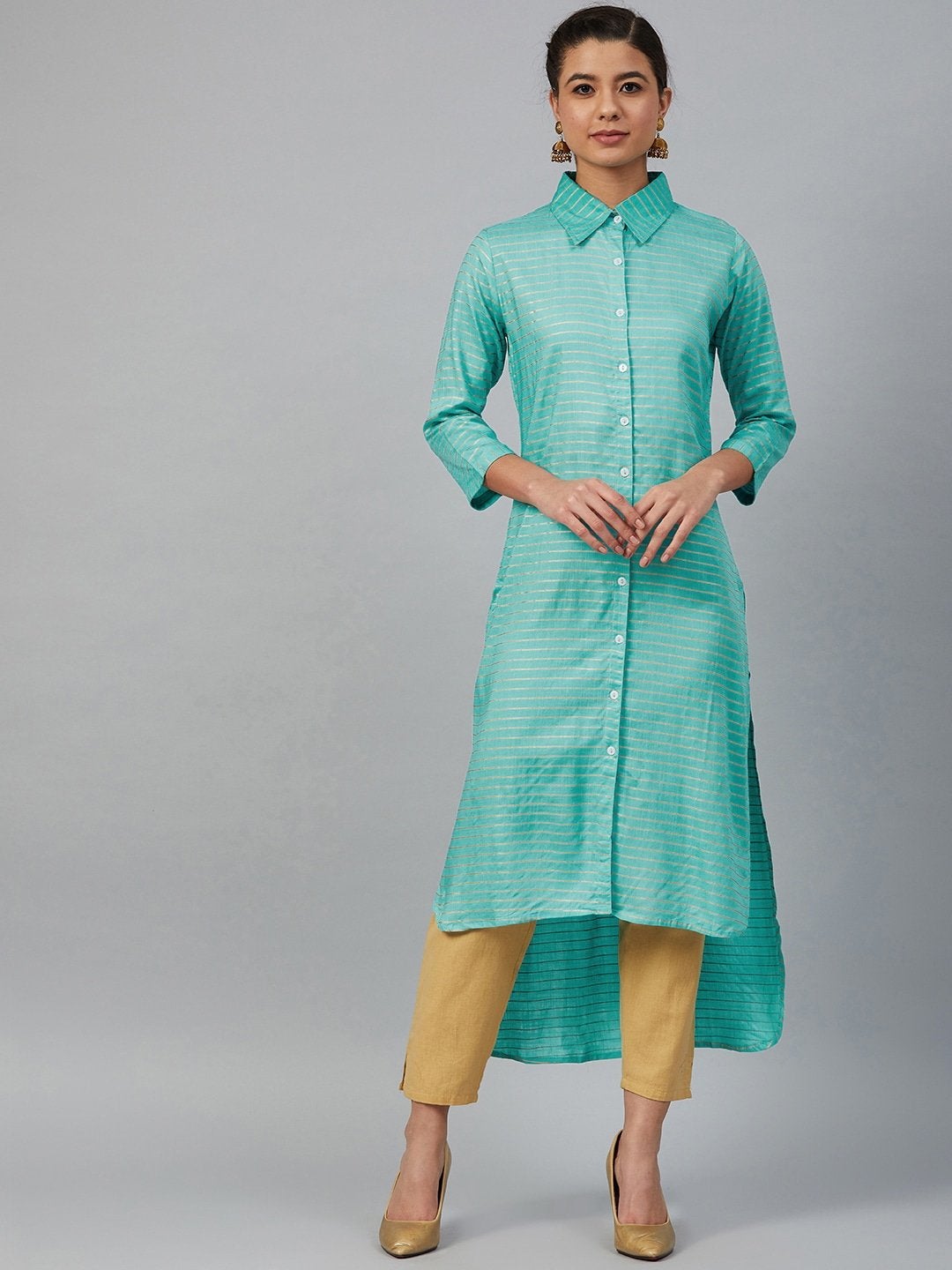 Women's Blue & Golden Striped Pathani Kurta - Meeranshi
