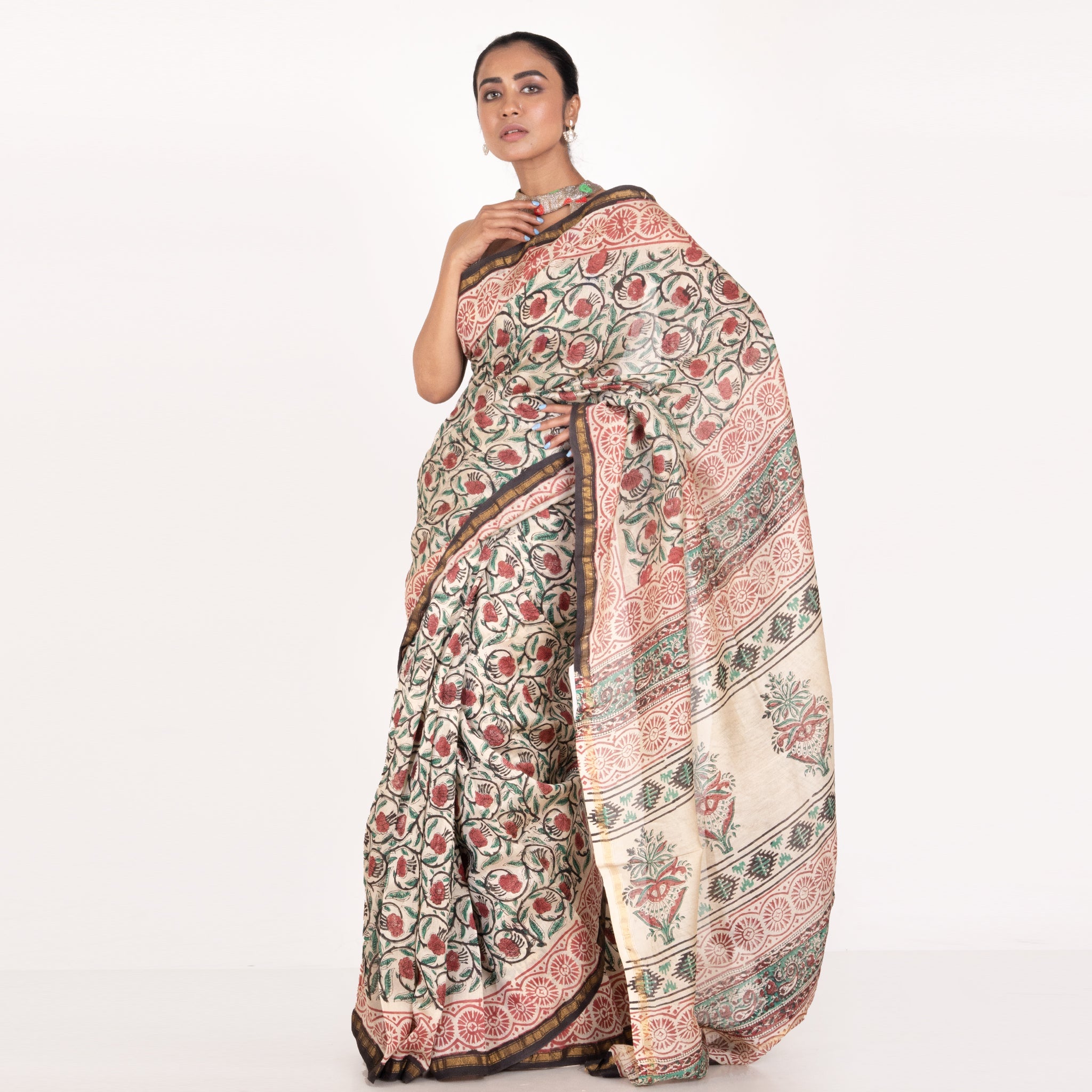 Women's Ivory With Multicolor Cotton Silk Chanderi Saree With Floral Print - Boveee
