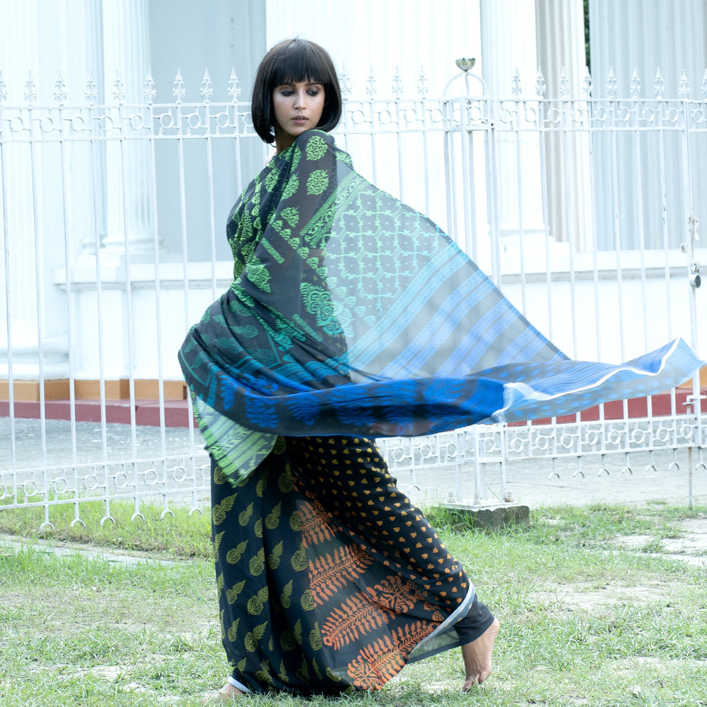 Women's Indian Stencil Digital Printed Satin Georgette Saree