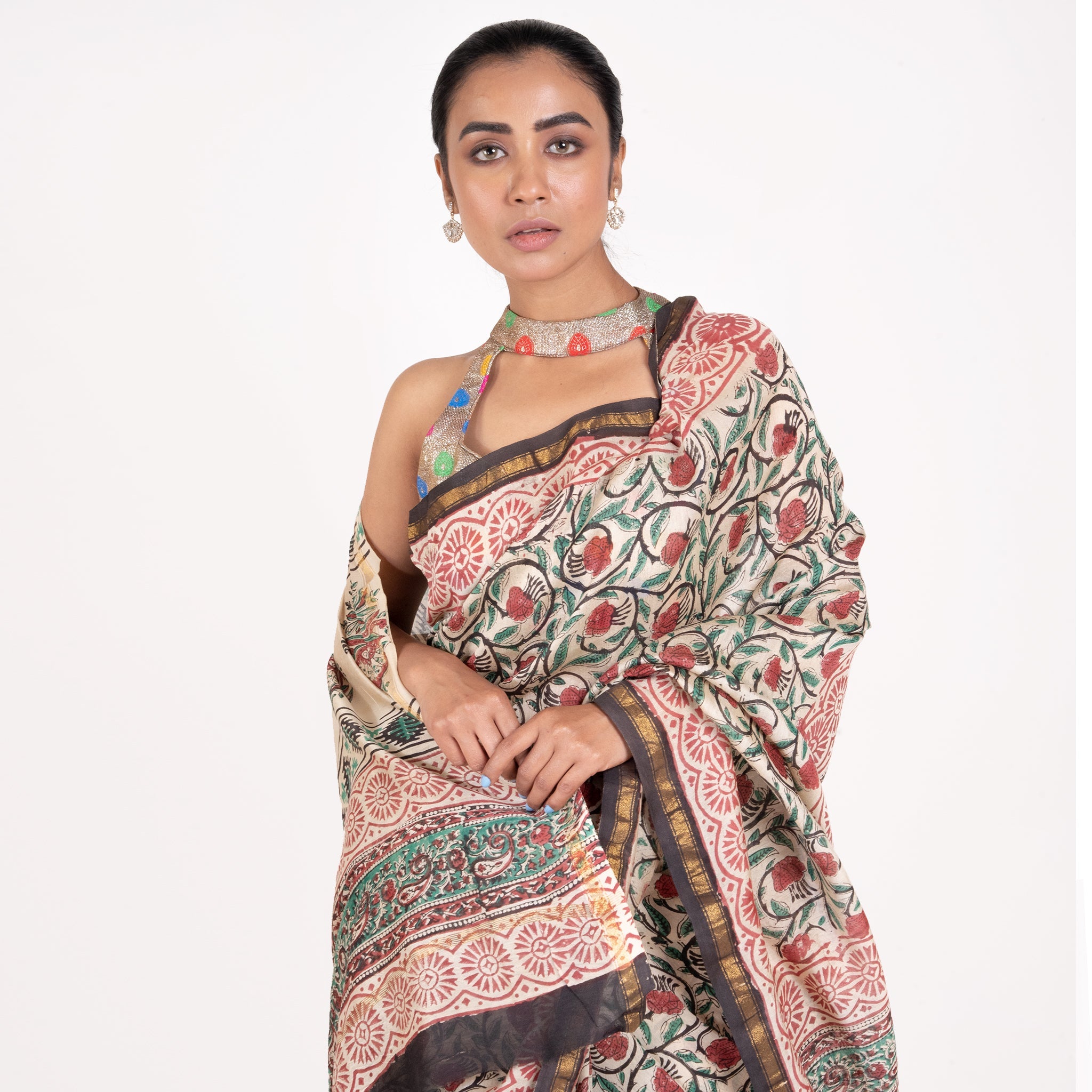 Women's Ivory With Multicolor Cotton Silk Chanderi Saree With Floral Print - Boveee