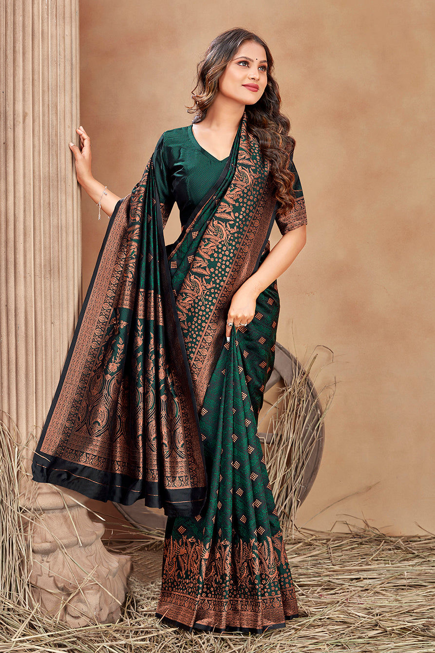 Women's Dark Green Color Satin Silk Contemporary Saree - Monjolika
