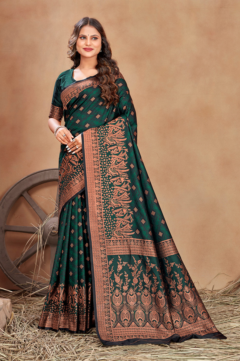 Women's Dark Green Color Satin Silk Contemporary Saree - Monjolika