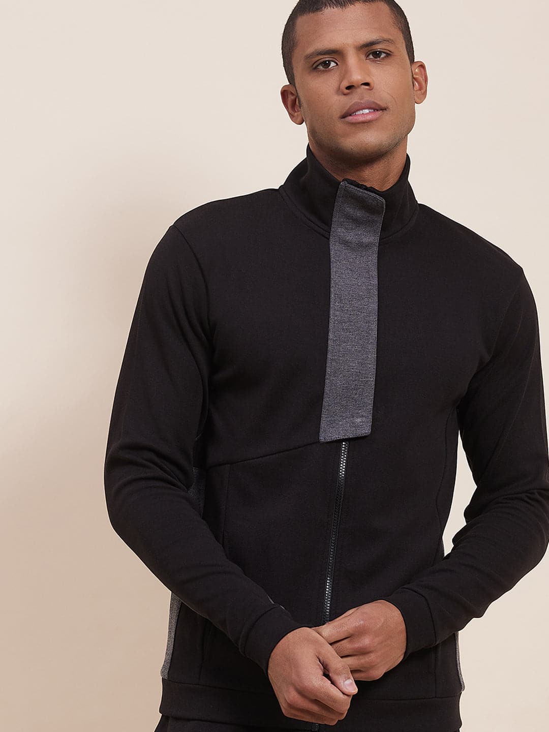Men's Black High Neck Contrast Flap Jacket - LYUSH-MASCLN