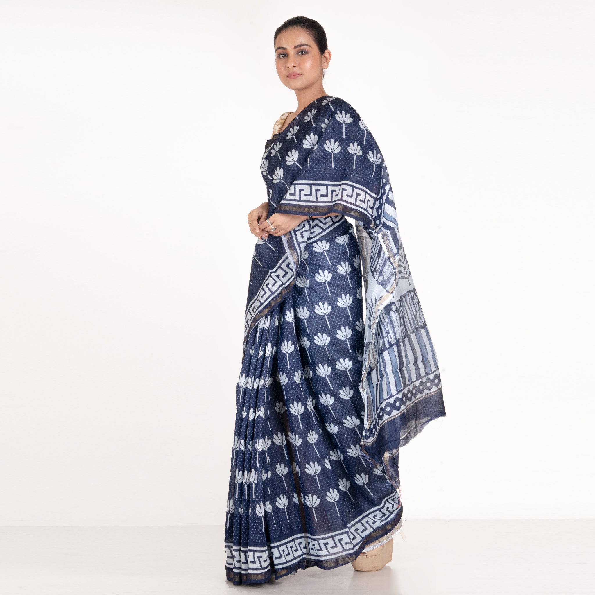 Women's Indigo Cotton Silk Chanderi Saree With Kaner Motifs - Boveee