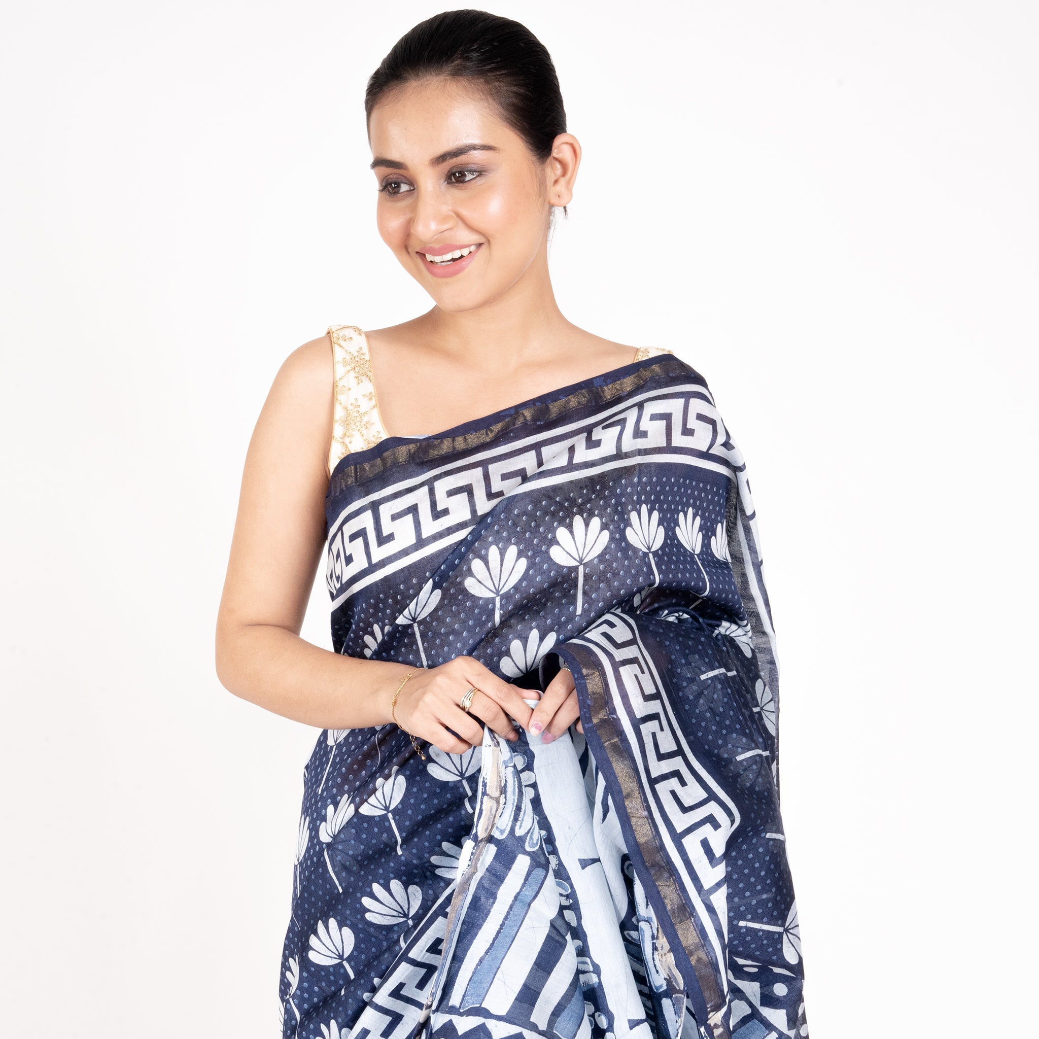 Women's Indigo Cotton Silk Chanderi Saree With Kaner Motifs - Boveee