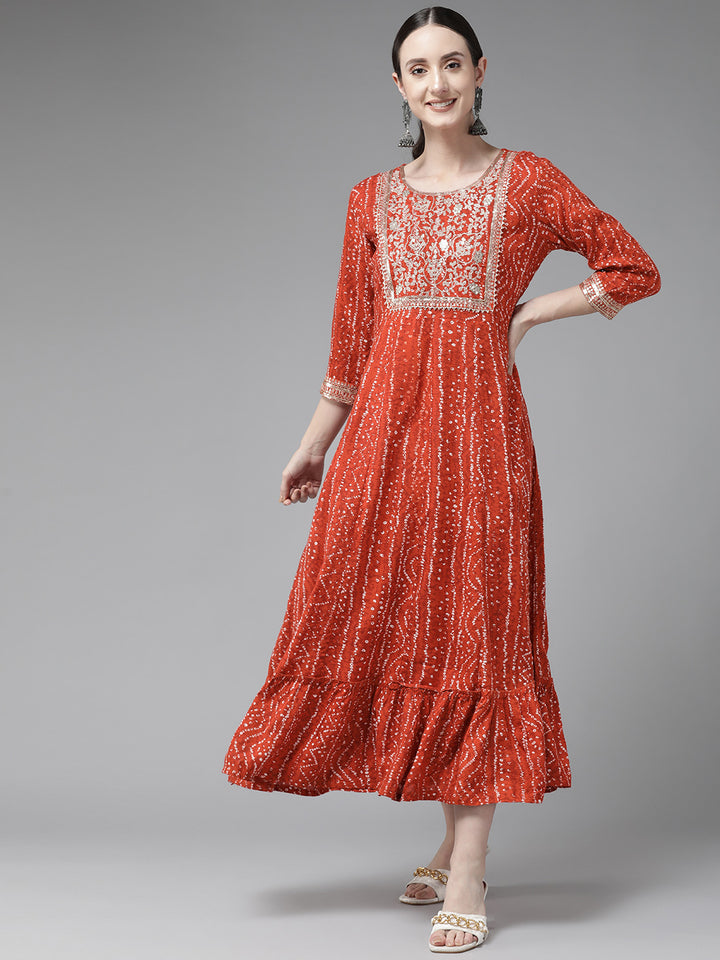 Women's Red Embroidery Sequence Work Cotton Maxi Dress