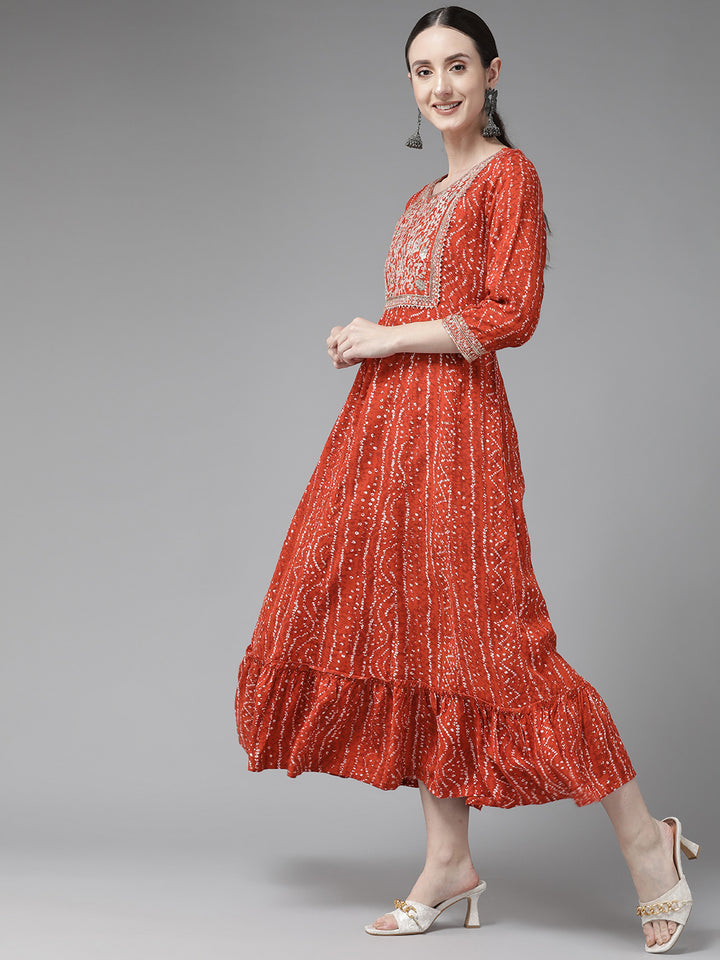 Women's Red Embroidery Sequence Work Cotton Maxi Dress