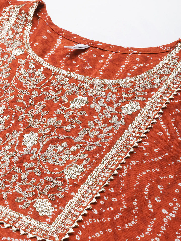 Women's Red Embroidery Sequence Work Cotton Maxi Dress