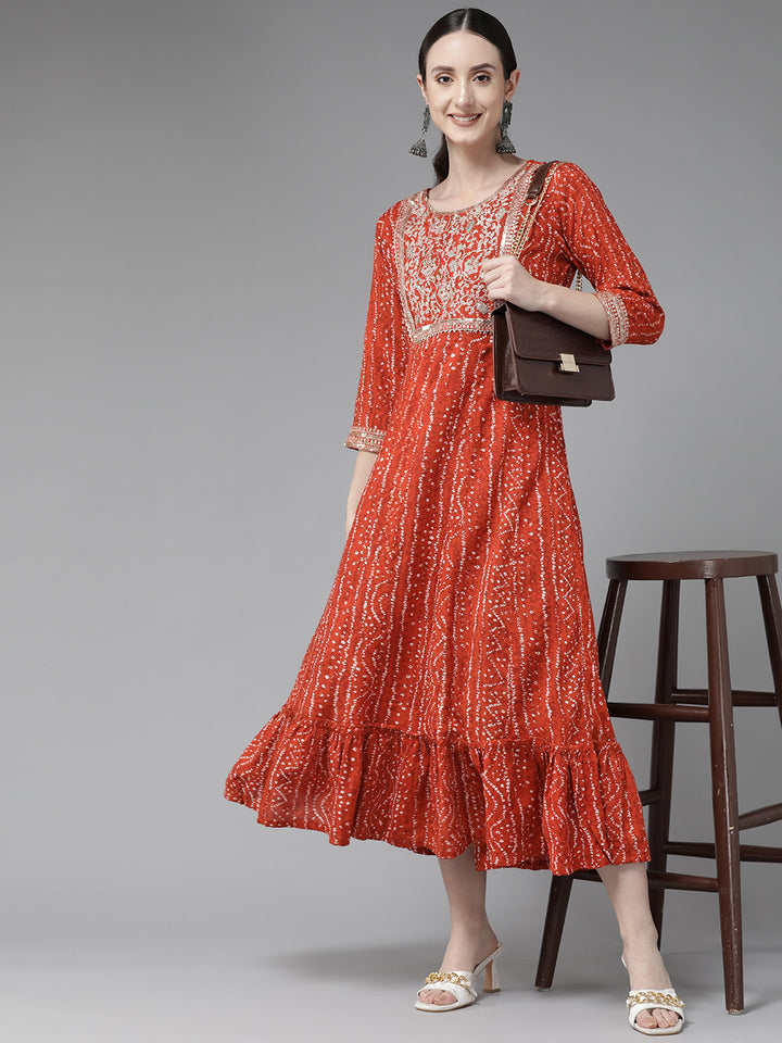 Women's Red Embroidery Sequence Work Cotton Maxi Dress