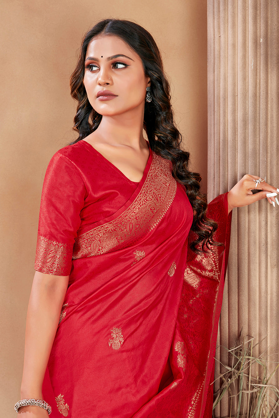 Women's Red color woven zari work banarasi saree - Monjolika