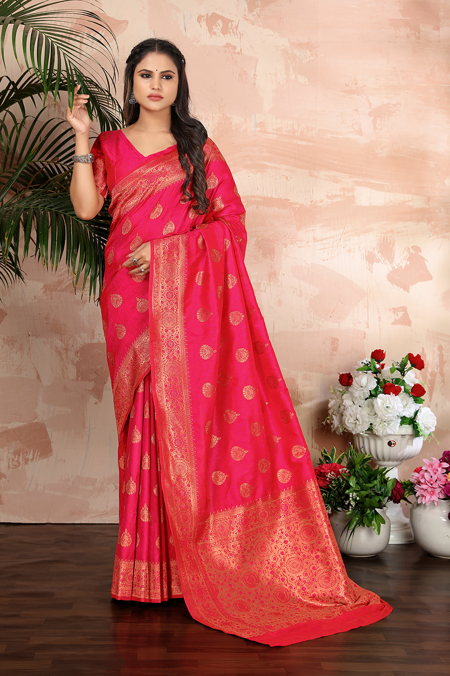 Women's Rani Pink color woven zari work banarasi saree - Monjolika