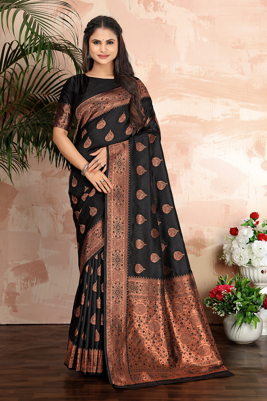 Women's Black color woven zari work banarasi saree - Monjolika