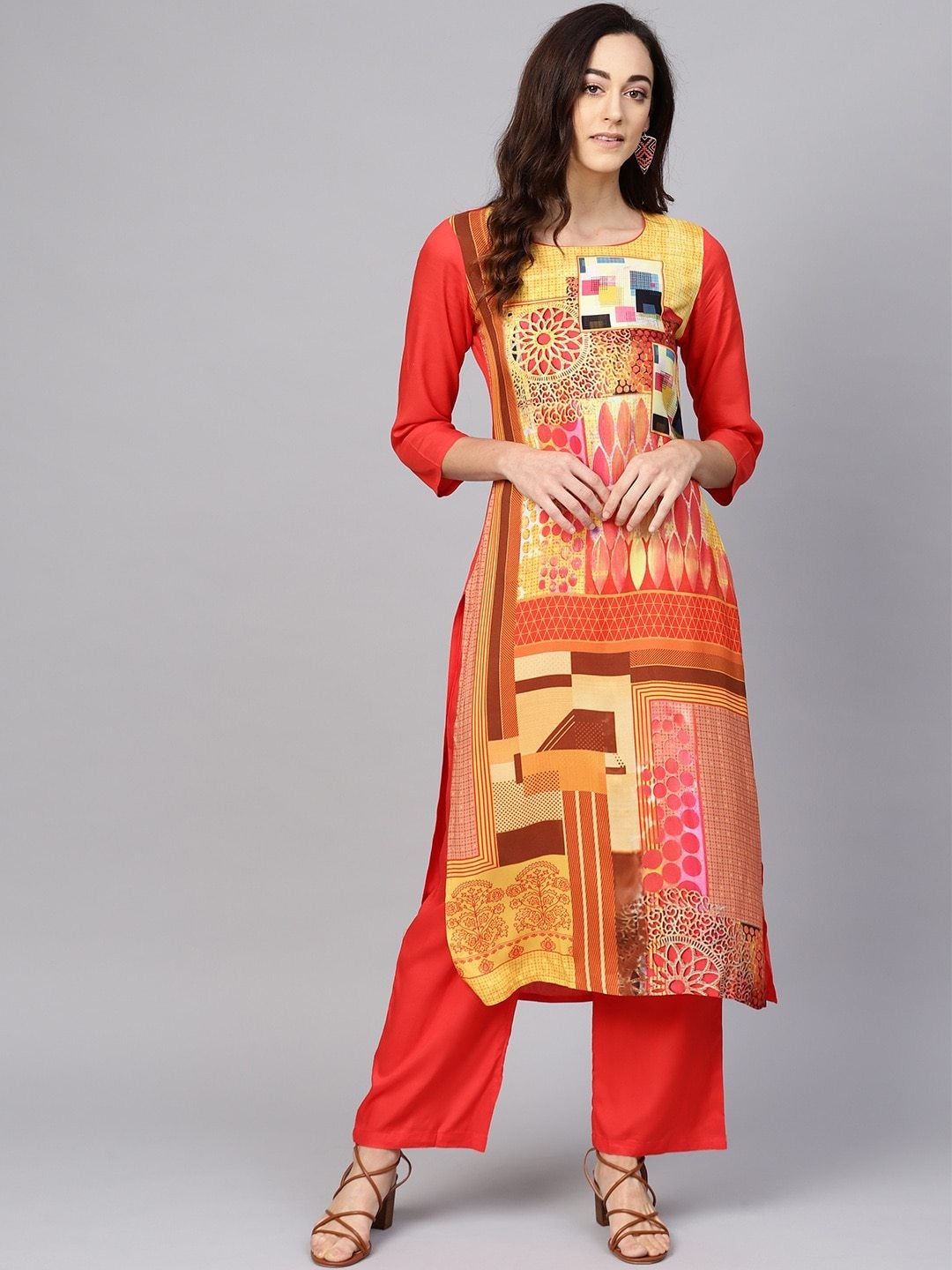 Women's Yellow & Orange Printed Kurta with Trousers - Meeranshi