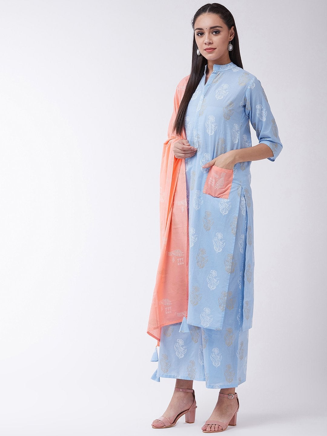 Women's Madhubani Print Blue With Patch Pocket Palazo Set - InWeave