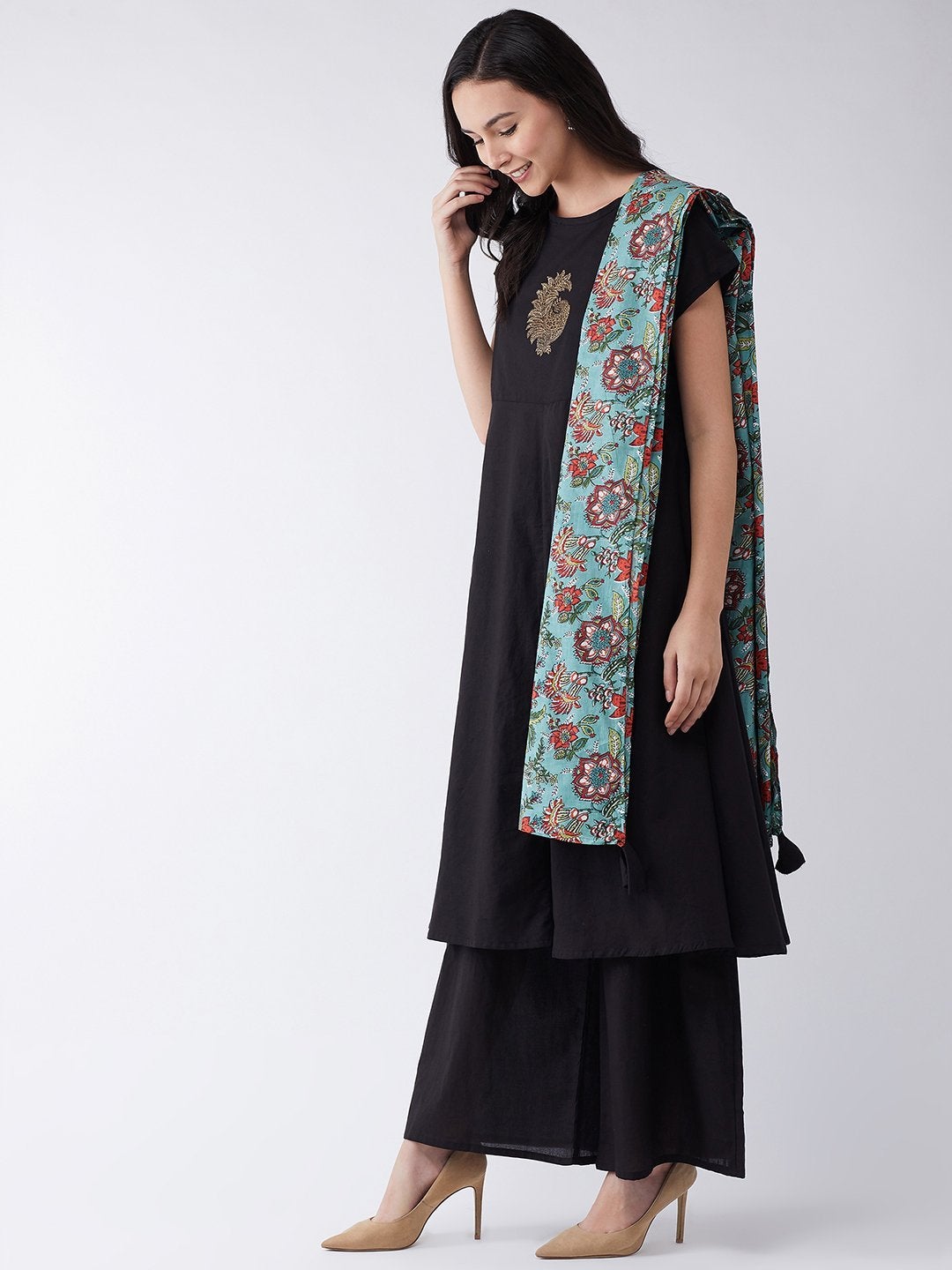 Women's Teal Dupatta With Floral Print - InWeave