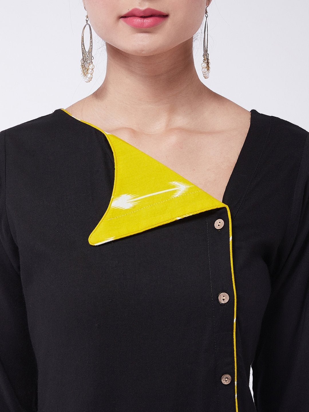 Women's Black Collared Kurta Set With Mustard Palazzo - InWeave