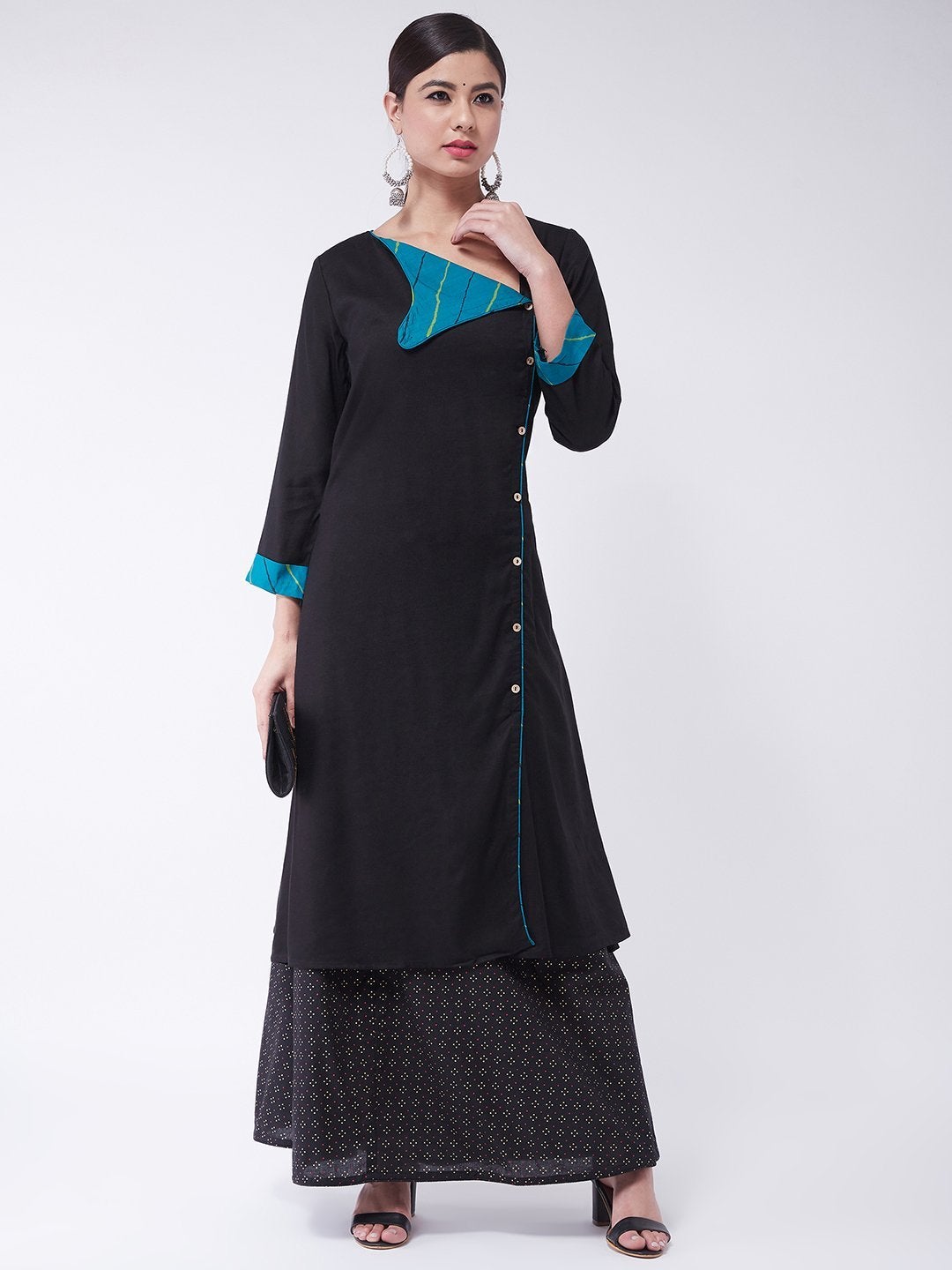 Women's Black Collared Kurta Set With Skirt - InWeave