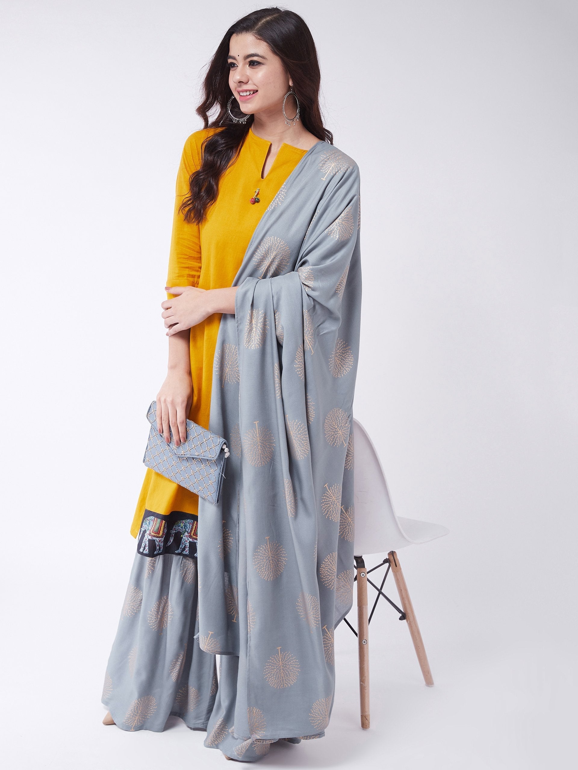 Women's Mustard Sharara Suit Set With Dupatta - InWeave