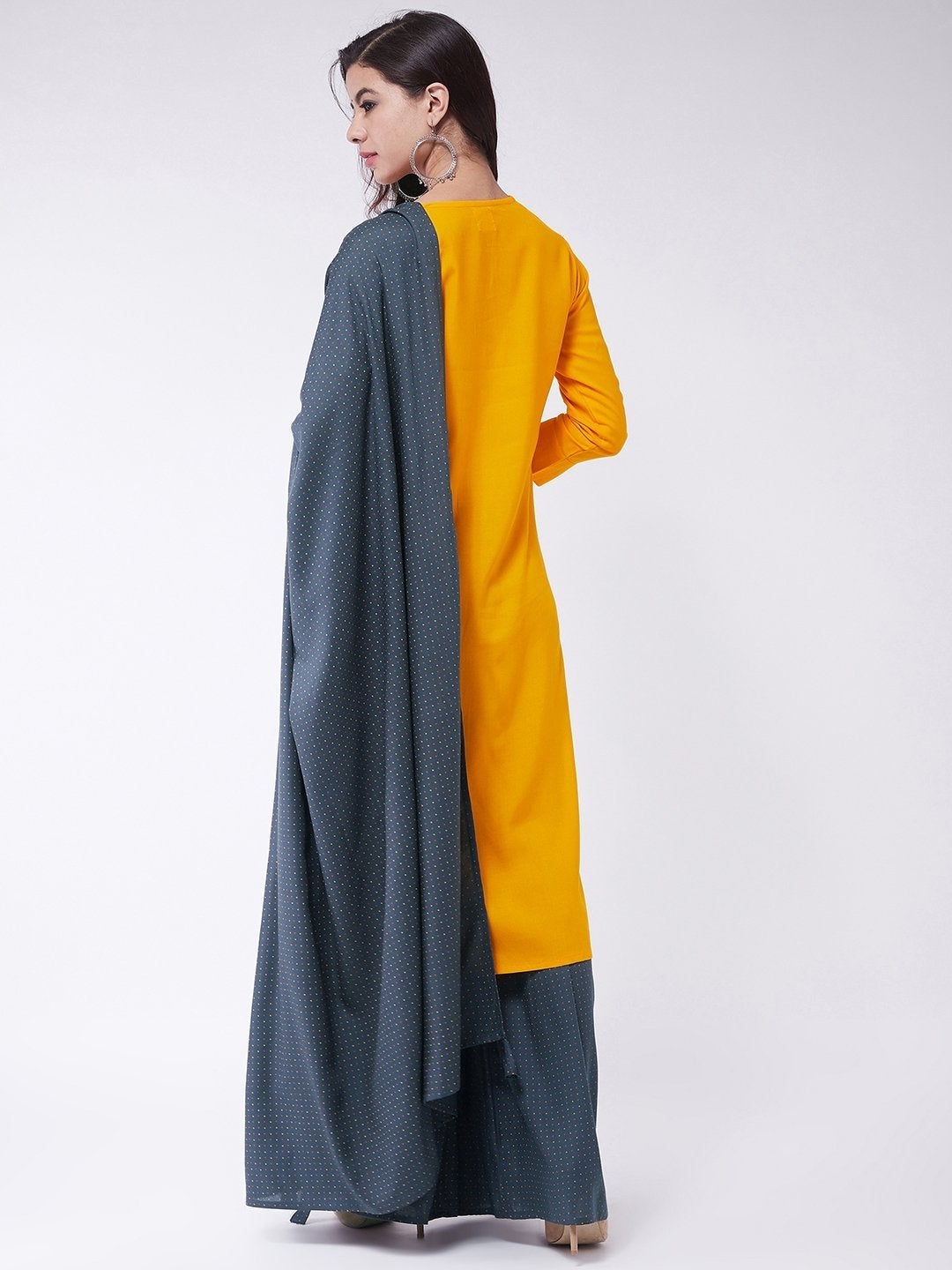 Women's Mustard Kurta Dark Grey Printed Sharara Set - InWeave