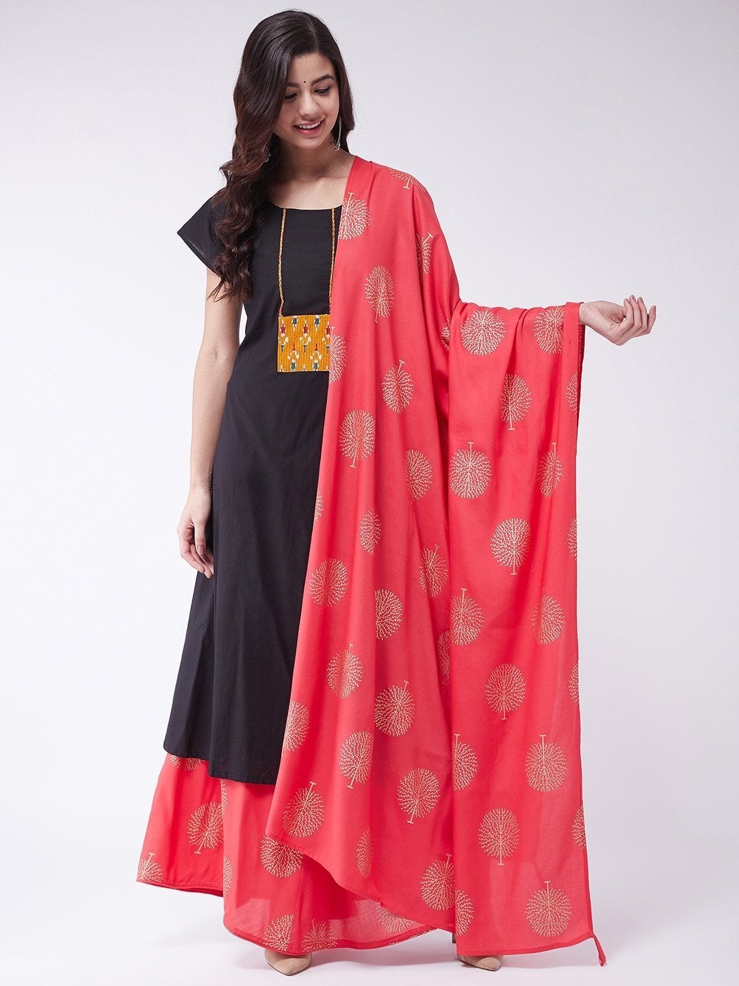 Women's Black Patch Work Kurta Skirt Set With Dupatta - InWeave